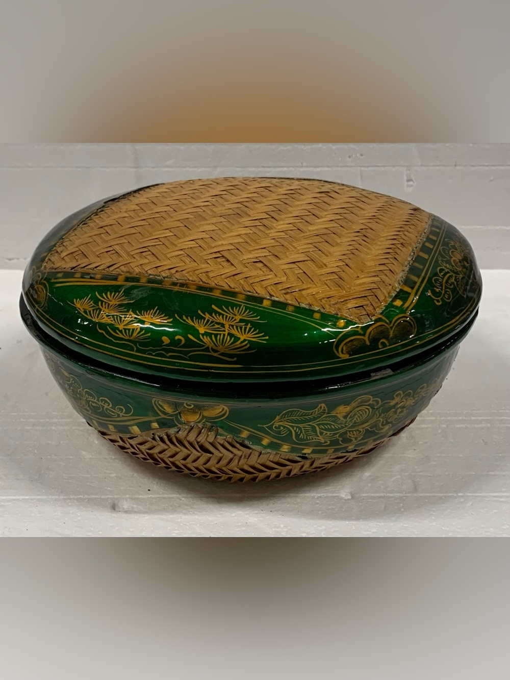 Handwoven Rattan Box with Green and Gold Painted Accents